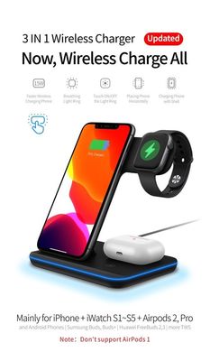 Cargador inalámbrico de silicona Qi 3 en 1, cargador portátil de teléfono inalámbrico 15w