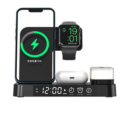 Material ABS 5 en 1 cargador inalámbrico, reloj de cargador inalámbrico con indicador LED